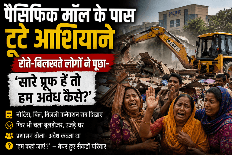 पैसिफिक मॉल के पास झुग्गियों पर चला बुलडोजर